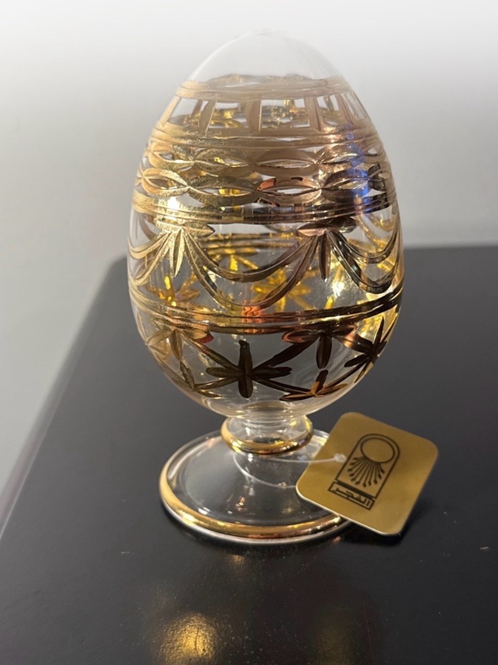 Vintage Egyptian Hand-Blown Glass Egg Figurine with Gold Accents